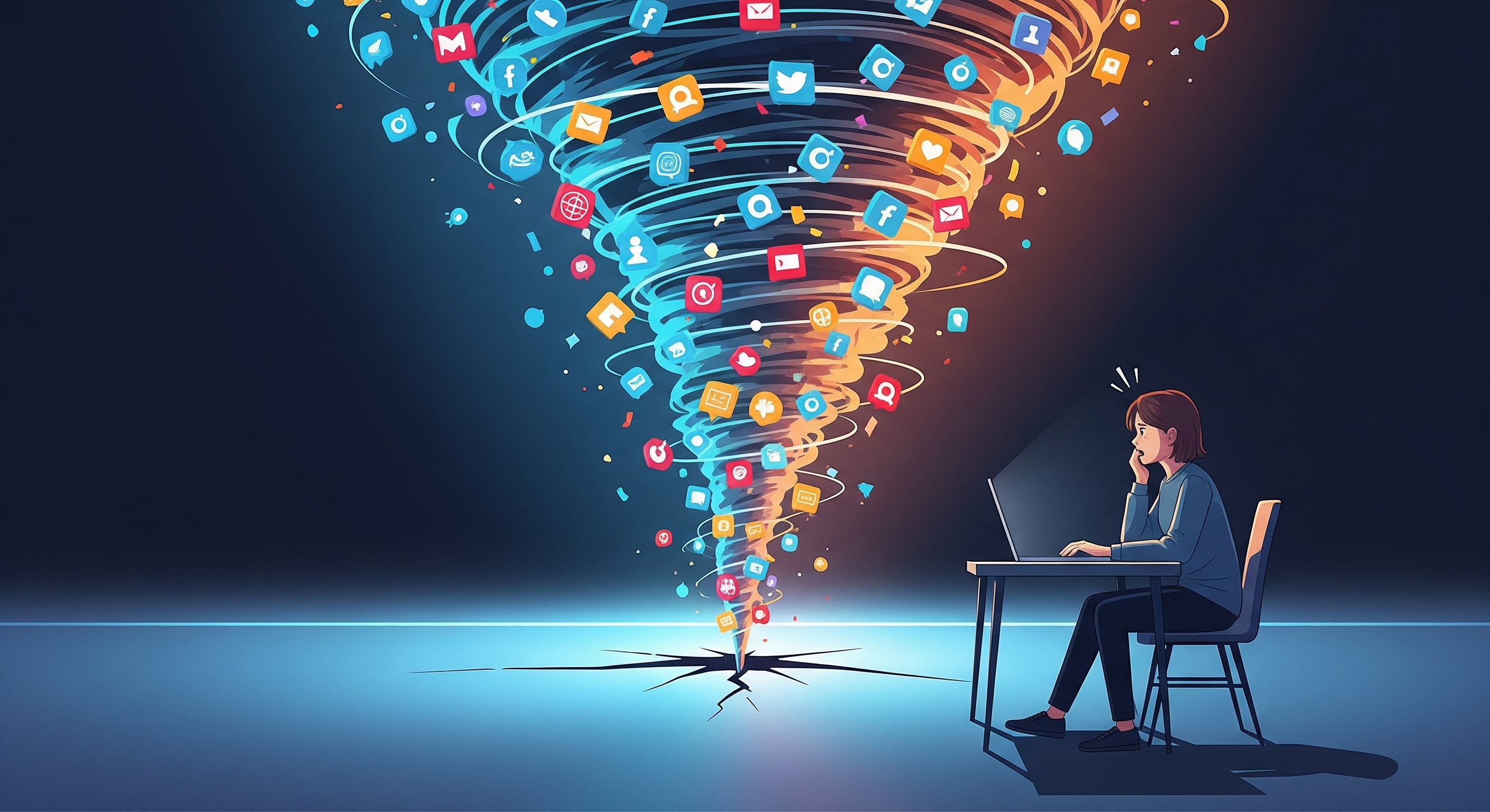 A woman at a desk looking stressed as a tornado of social media icons swirls out of her laptop.