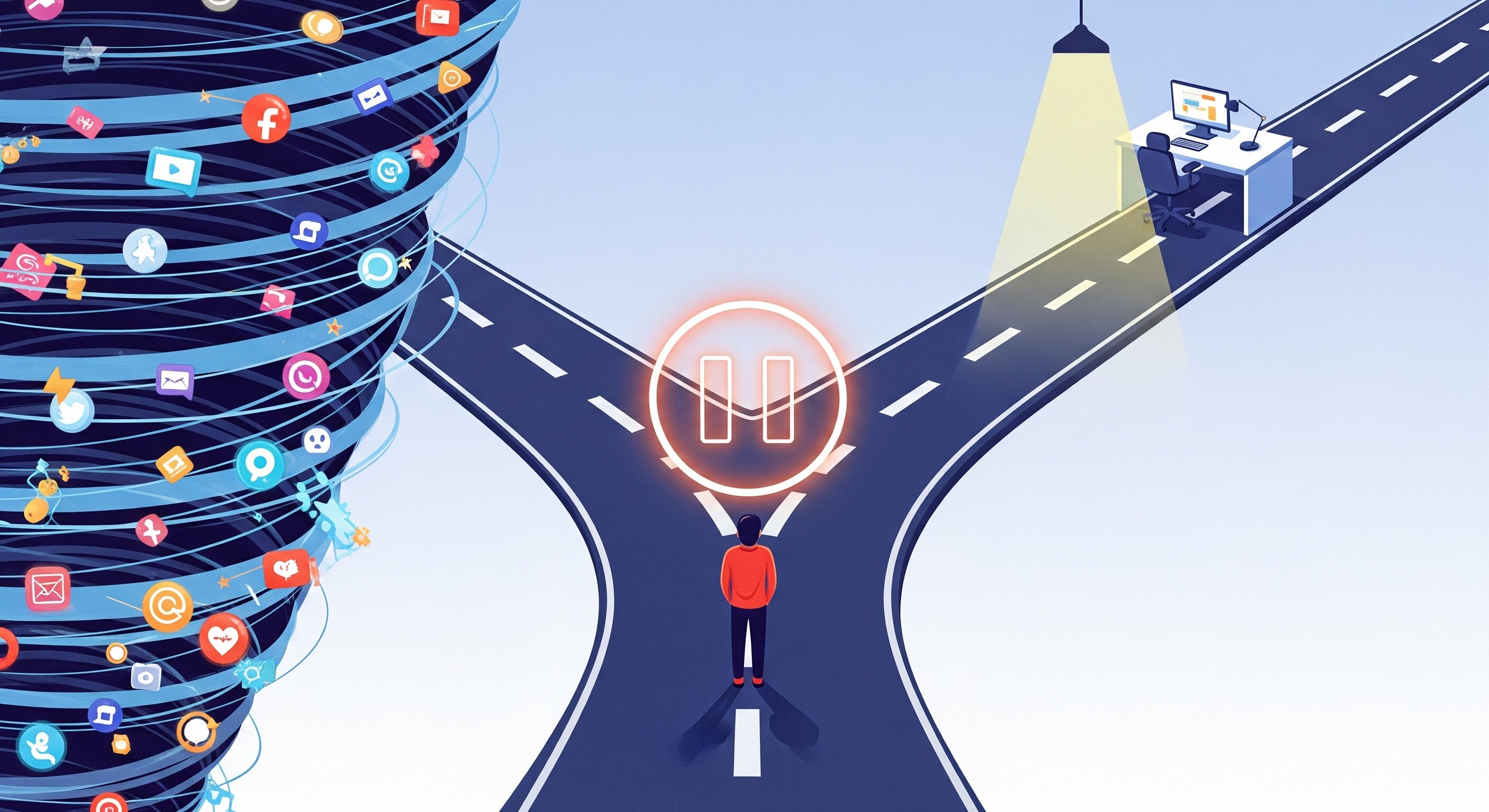 A symbolic illustration of a person at a fork in the road, choosing between two paths. One path is a chaotic vortex of distracting social media icons; the other is a calm, straight road leading to a focused work desk. A glowing pause icon hovers at the intersection, representing the power of making a conscious choice.