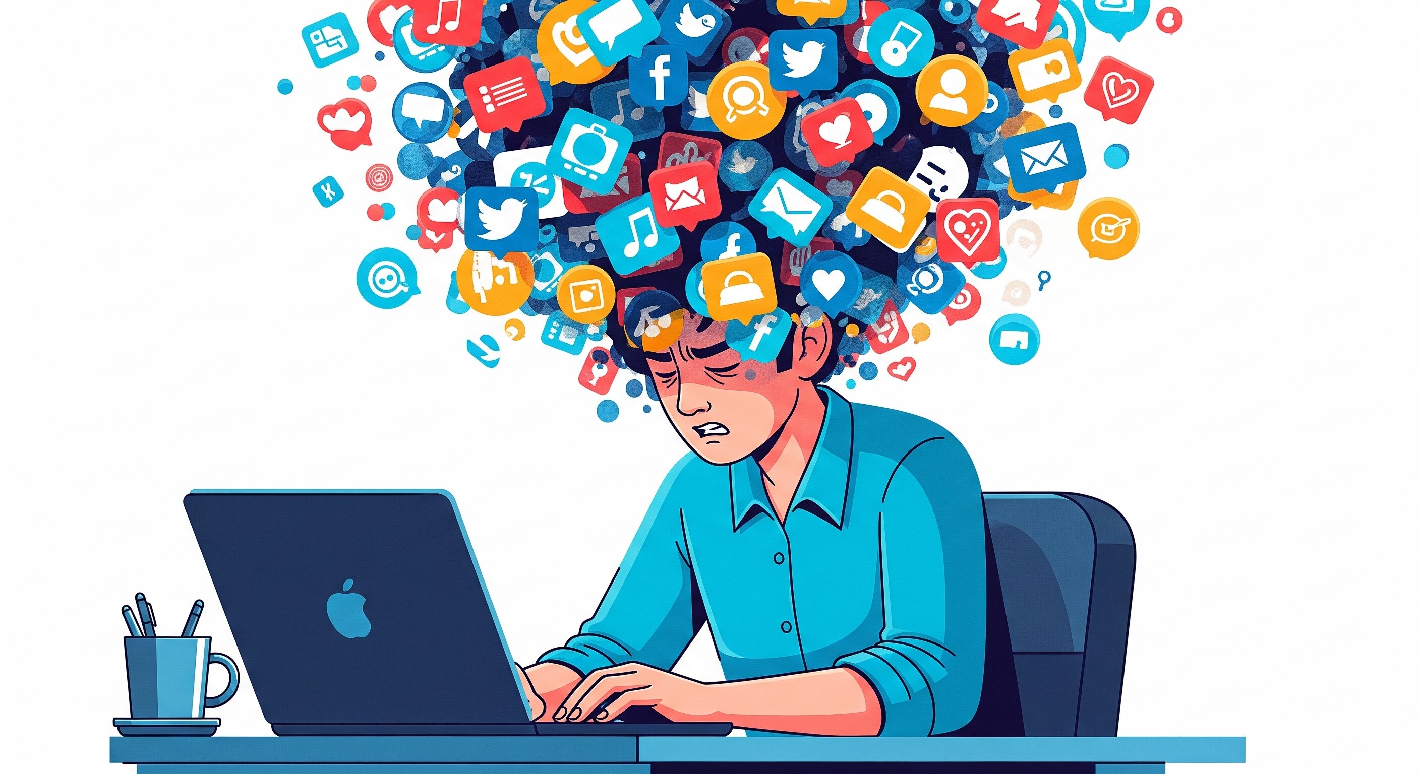 A digital illustration of a man sitting at a desk with a laptop, looking stressed and overwhelmed. A large, chaotic cloud of colorful social media and entertainment app icons explodes from his head, symbolizing the mental distraction and focus trap of working from home.